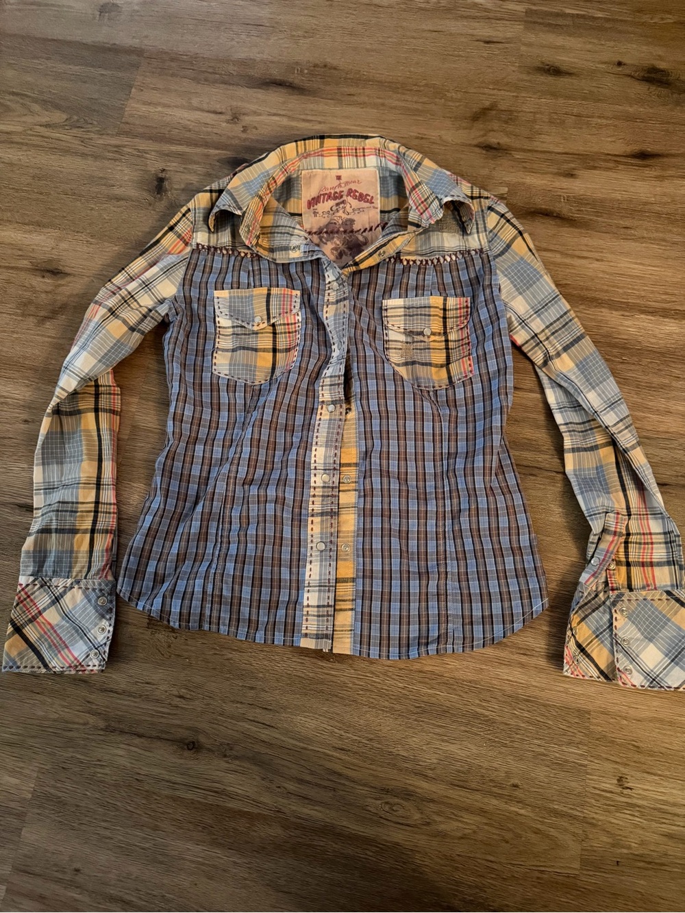 Vintage Rebel Plaid Button-Up Shirt in Blue, Yellow & Red